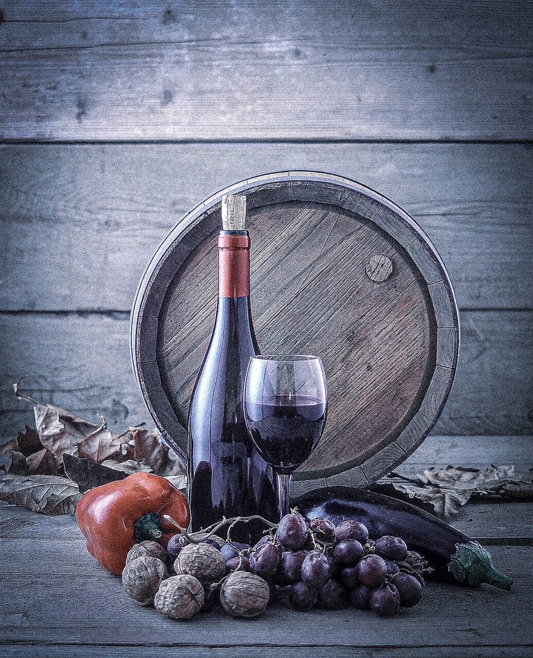 wine barrel, wine bottle, nuts, vegetables, wine barrel, wine barrel, wine barrel, wine barrel, wine barrel